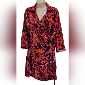 Julie Brown Vibrant Pink/ Orange Multi-Color Floral Paisly True Wrap Dress,Large